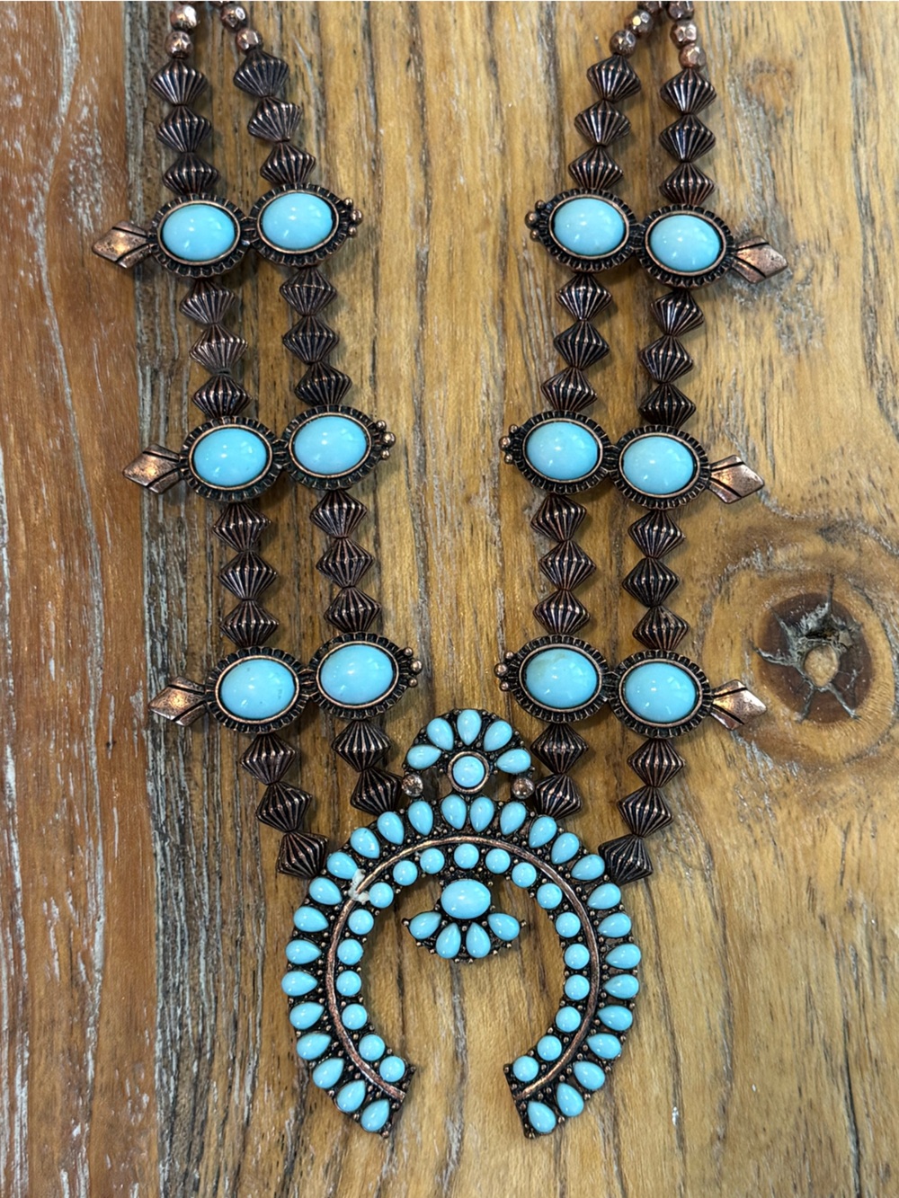 Turquoise Statement Squash Blossom Style Copper Necklace